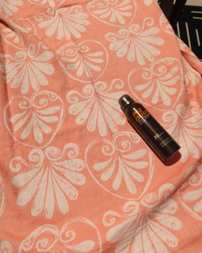 Coral and cream Anthemion print cotton towel, Greek pestemal towel scarf pareo