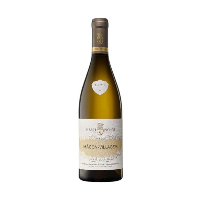 A bottle of ALBERT BICHOT MÁCON-VILLAGES 2023 from WINE: AMERICAN PREMIUM BEVERAGE features a beige label with decorative elements and a gold foil top, embodying Burgundy's essence. Set against a plain white background, it exudes elegance and simplicity.