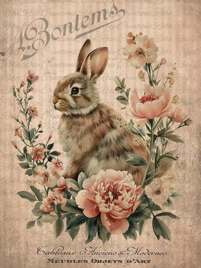 Antique Bunny Two Rice Paper by Reba Rose Creations