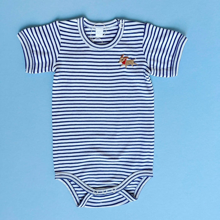 Baby Onesie, Dog Embroidery- Fall Organic Striped Clothing: 0-3 Months