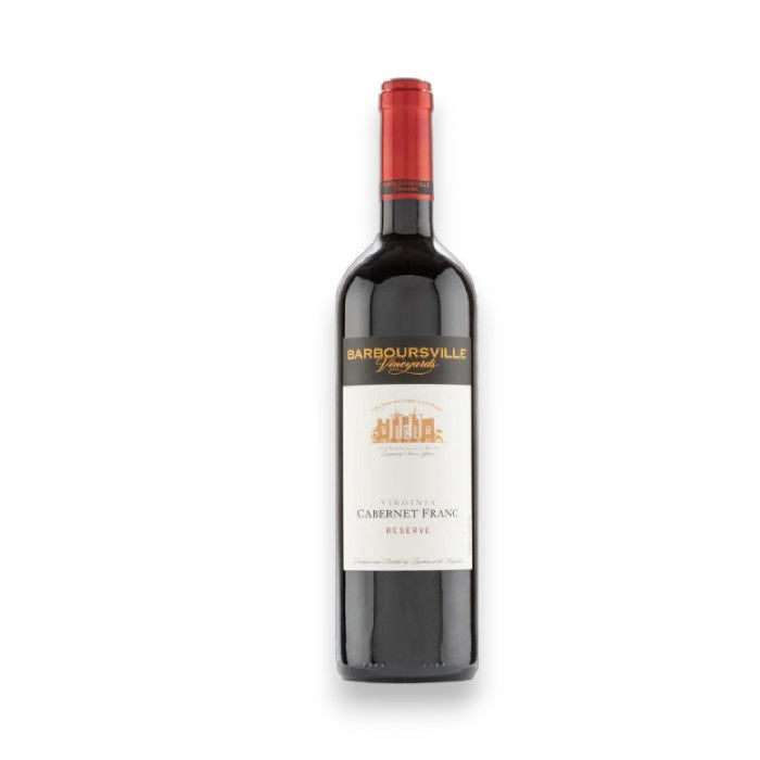 A bottle of BARBOURSVILLE CABERNET FRANC 2023 by WINE: WINEBOW, featuring a red foil top and black and gold label with a building illustration—classic Monticello Virginia wine with ripe red berry notes.