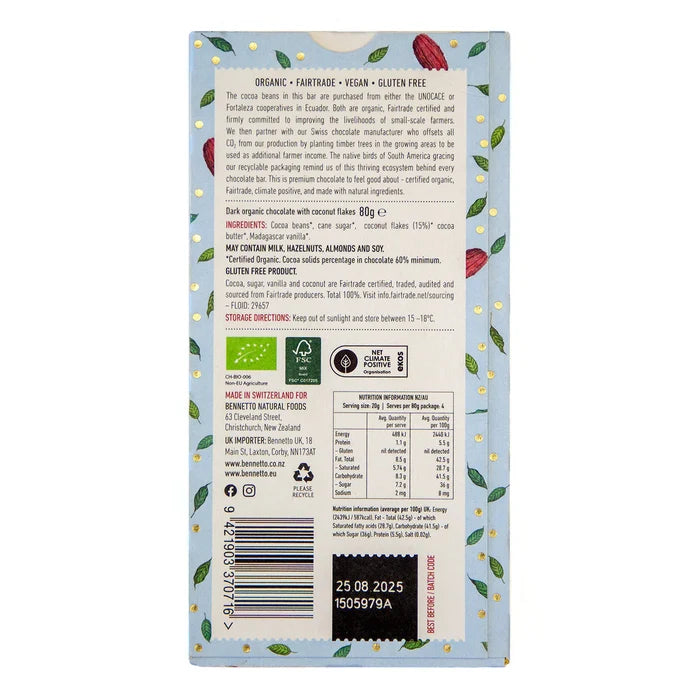 Bennetto Organic Choc Dark Chocolate 80g - Coconut Flakes
