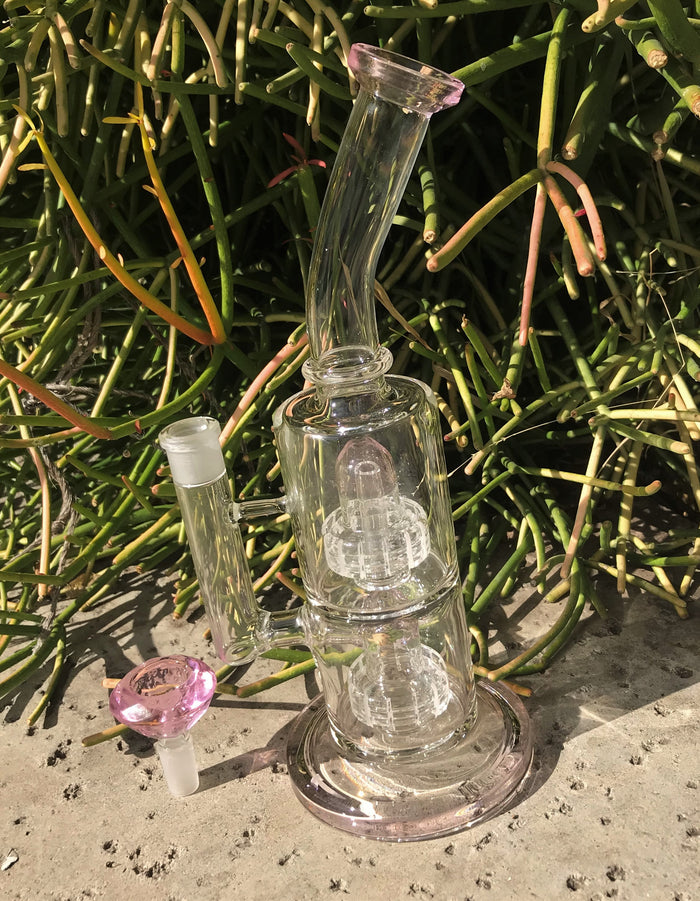Best 11" Thick Glass Double Shower & Dome Perc Rig & Pink Glass Diamond Bowl - Bubble Gum