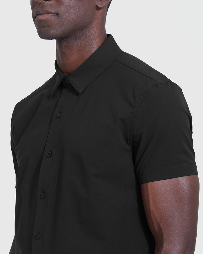 Black Commuter Short Sleeve Shirt worn by person, showing fit and collar.
