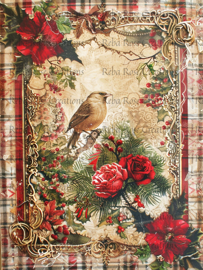 Christmas Roses with Birds Rice Paper by Reba Rose Creations