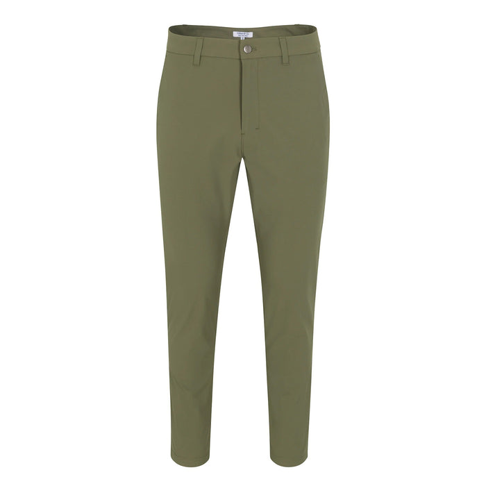 The COLLARS AND CO - Apex Tech Pants in Olive feature a slim fit, button closure, belt loops, and four-way stretch fabric for comfort, shown on a plain white background.