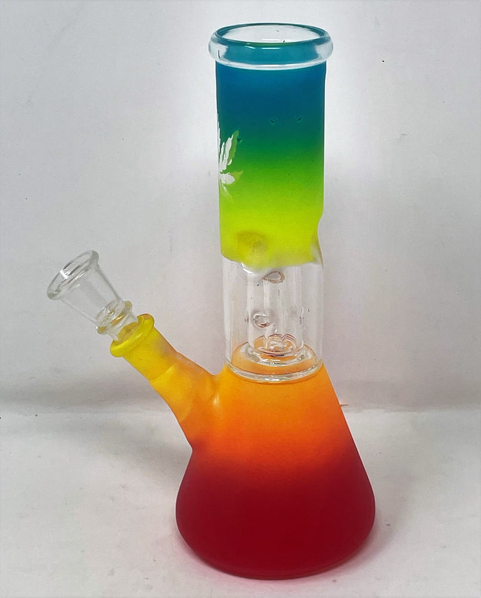 Colorful 8" Glass Beaker Bong featuring Marijuana Leaf Design & Downstem with Bowl