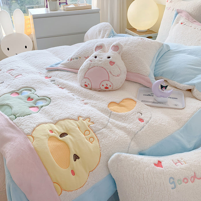Cute Cartoon Animal Embroidery Lamb Fleece Duvet Cover Set