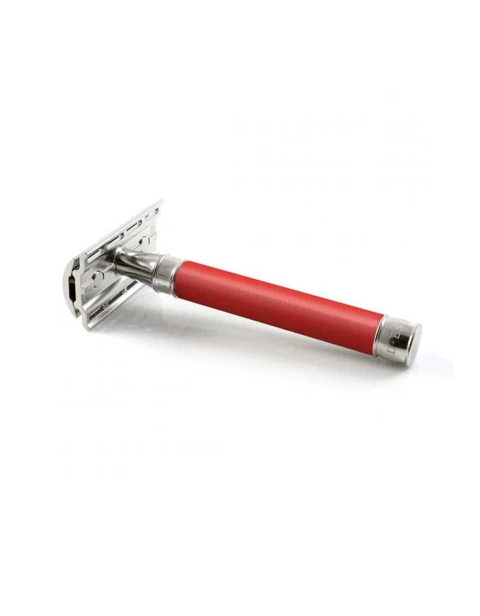 Close-up of Edwin Jagger double edge safety razor with red handle