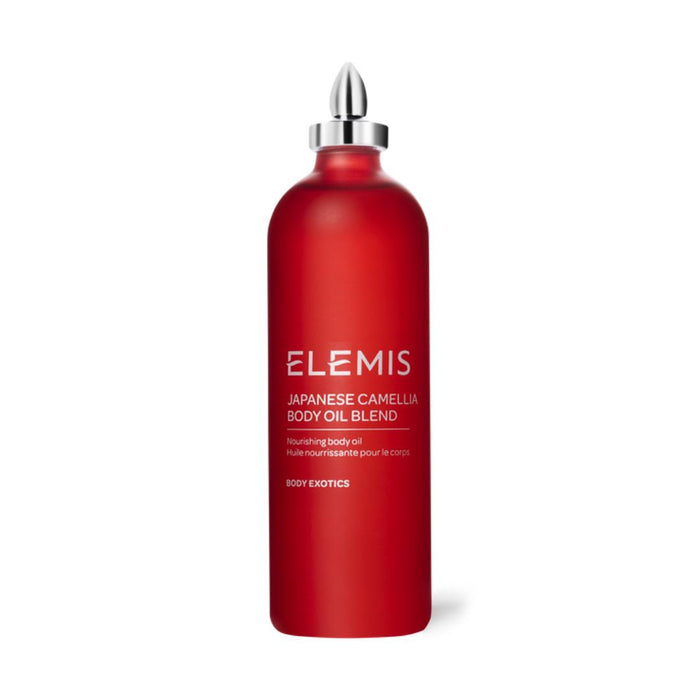 A red bottle of ELEMIS - JAPANESE CAMELIA OIL BLEND by ELEMIS - STEINER features a silver cap and white text label; this luxurious body oil is popular during pregnancy to help reduce stretch marks.