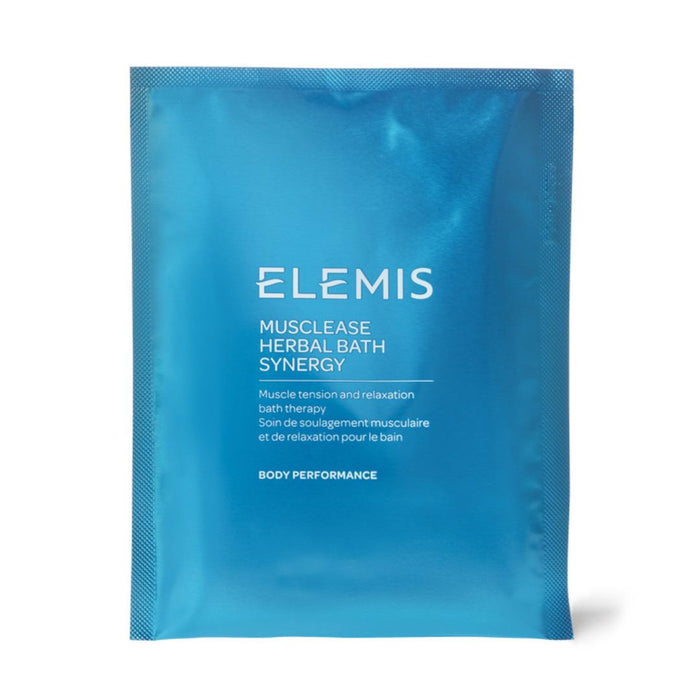 A blue packet of ELEMIS - MUSCLEASE HERBAL BATH SYNERGY by ELEMIS - STEINER, designed for muscle tension and relaxation, stands upright against a white background as a calming bath soak for muscular aches.