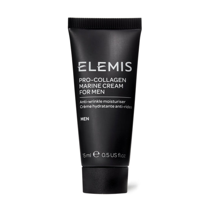 A black tube of ELEMIS - TIME FOR MEN PRO-COLLAGEN MARINE CREAM FOR MEN by ELEMIS - STEINER (15ml) hydrates and smooths skin, making it a key anti-ageing moisturiser for men. White text is featured prominently on the front.