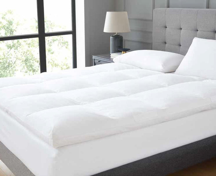 A modern bedroom features the DOWNLITE FEARRINGTON LIFESTYLE BEDDING COLLECTION - FEATHERBED QUEEN, a white pillow, gray upholstered headboard, black nightstand with lamp, and ample natural light from the window.