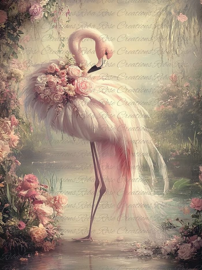 Flamingo Flowers Rice Paper by Reba Rose Creations