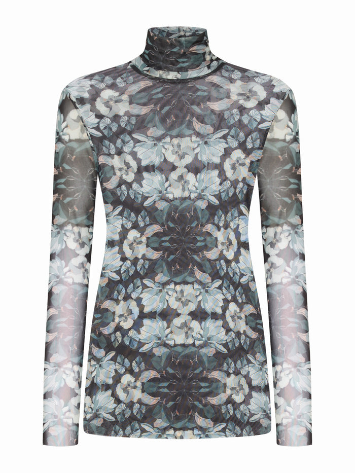 The FRANCO FERRARI - BALLET MESH TOP is a long-sleeved mesh turtleneck with a symmetrical floral pattern in gray, white, blue, and pink, shown on a white background.