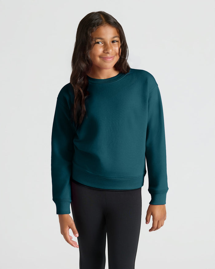 Girl wearing Girls Deep Emerald Slouch Pullover Crew & Relaxed Jogger.