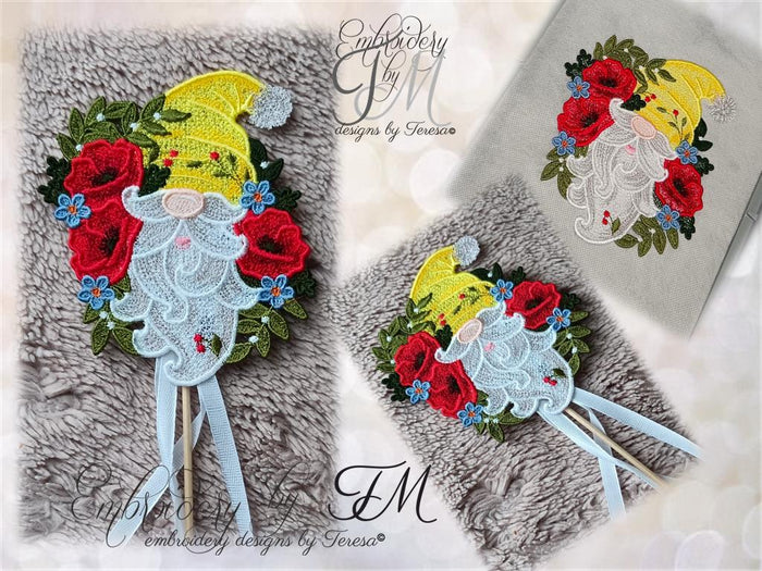 Gnome with poppies/5x7 hoop/ two variations