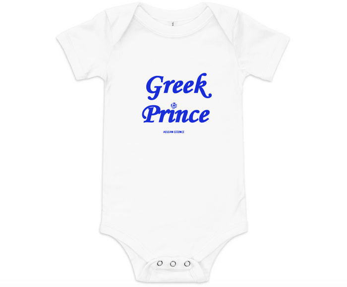 cotton white baby onesie one-piece bodysuit with blue "Greek Prince" text with the Greek flag