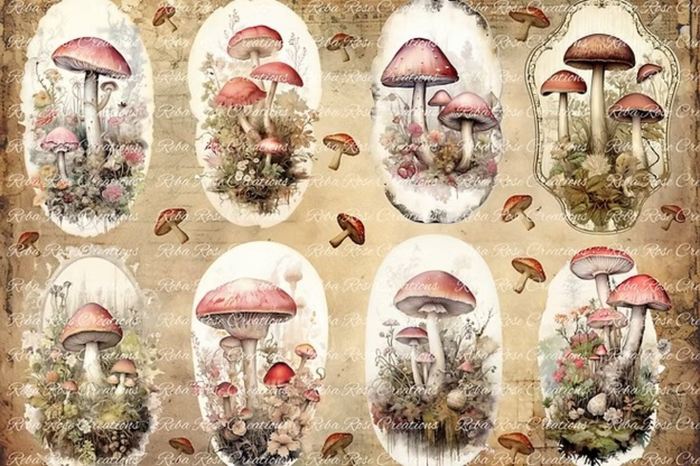 Grungy Mushrooms Rice Paper by Reba Rose Creations