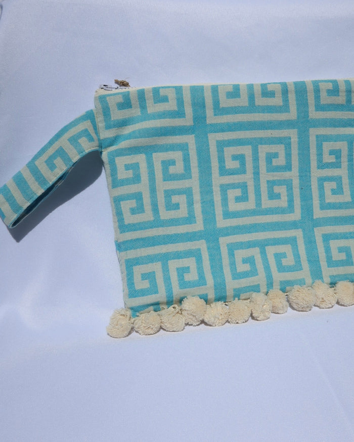 Handcrafted Wet/Dry Clutch Bag - Turquoise Greek Key Print