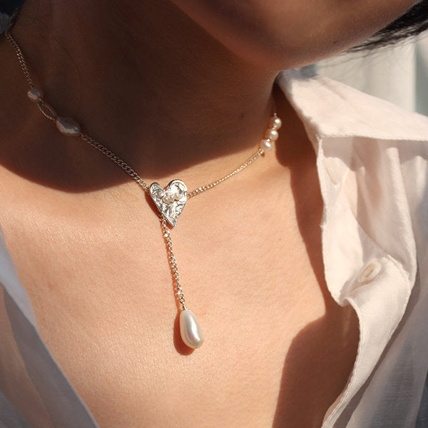Heart Pendant Necklace - With Pearl Drop