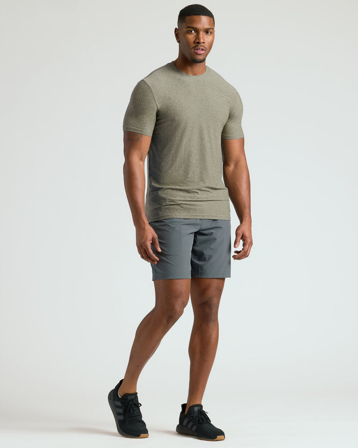 Heather Military Green Tall Active Crew Neck 2.0 modeled casually in studio.