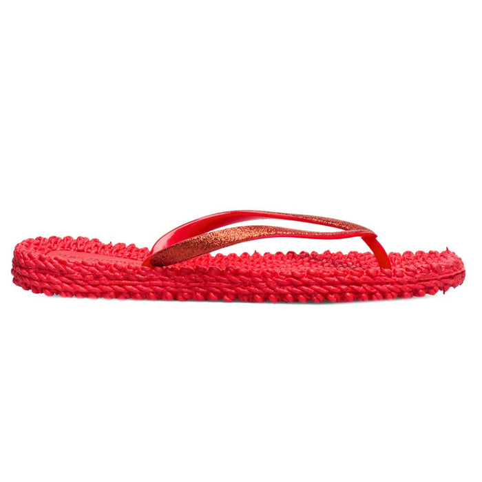 The ILSE JACOBSEN CHEERFUL FLIP FLOP IN DEEP RED by LINES OF DENMARK features woven design and thin dark red straps—perfect lightweight sandals for beach comfort, displayed on a light textured background.