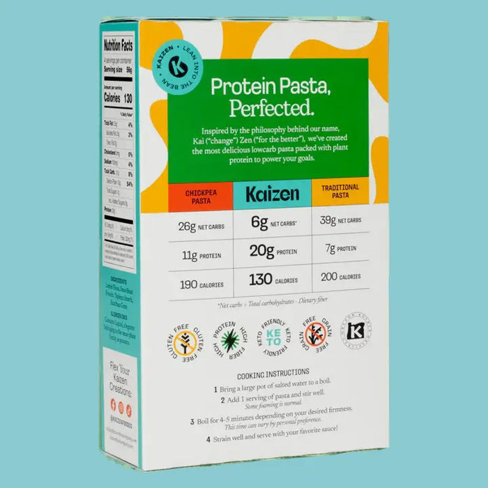 A box of KAIZEN - CAVATAPPI PASTA by KAIZEN FOOD COMPANY is shown with cooked pasta. The label shows it's gluten-free, low carb, plant-based, and has 20g protein, 6g net carbs, and 15g fiber per serving.