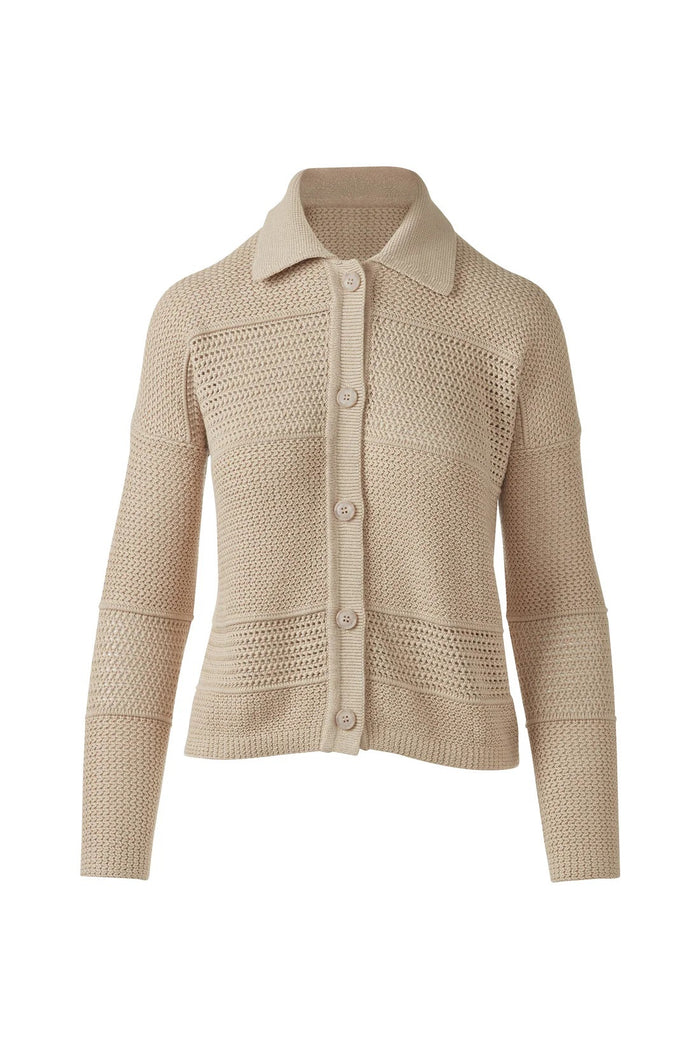 The KINROSS CASHMERE Mixed Texture Collared Cotton Cardigan by KINROSS is a white, long-sleeve button-up cardigan with a textured knit and slightly cropped fit, made from 100% cotton.