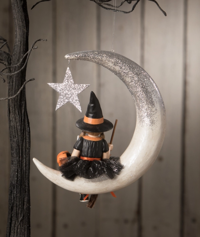 Bethany Lowe Designs Little Fraya Witch on Moon Halloween Ornament back view