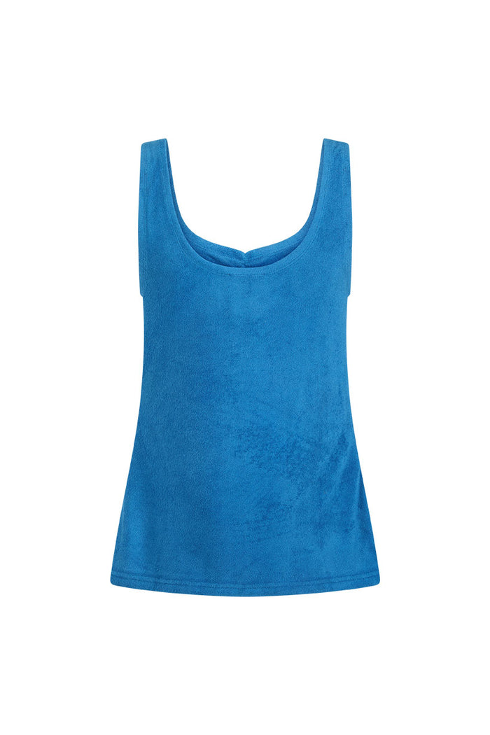 Back flat lay of azure blue terry singlet showing scoop back neckline and contrast side stripe detail