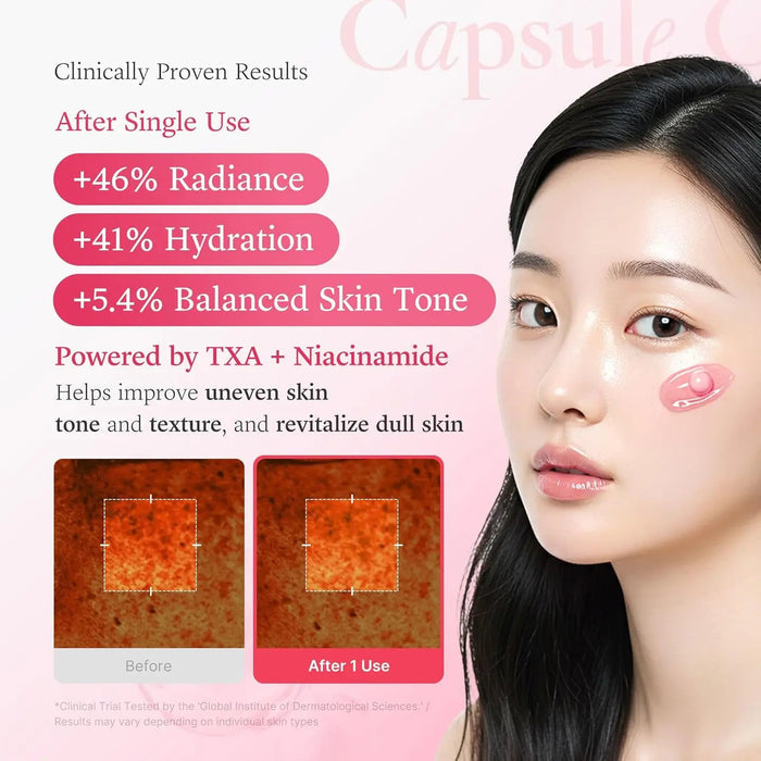 An open jar of GLOWISS MEDICUBE - TXA NIACINAMIDE CAPSULE CREAM shows pink capsules. Text highlights: reduces uneven skin tone, boosts clarity and glow with tranexamic acid. #PopandGlow #ImproveSkinClarity #RadiantGlassSkin.