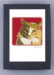 PAPER RUSSELLS - BROWN CAT NOTE CARDS feature a stylized brown and white cat with green eyes on a red background, bordered in dark. Printed on recycled paper and made in the USA by PAPER RUSSELLS.