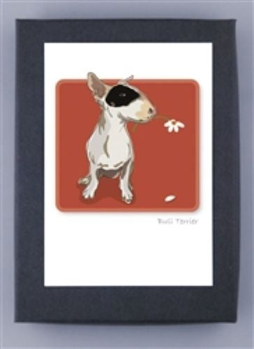 PAPER RUSSELLS - BULL TERRIER NOTE CARDS by PAPER RUSSELLS feature a white bull terrier with a black eye patch, sitting on a reddish-brown background with a white flower. Printed on eco-friendly stationery and presented in a dark frame.