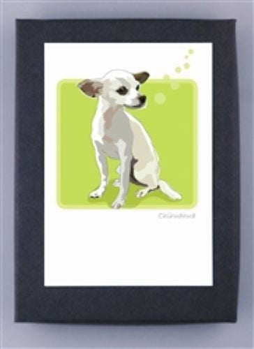 PAPER RUSSELLS - CHIHUAHUA NOTE CARDS feature a cute white chihuahua with large ears on a light green background, framed in black—ideal for eco-friendly stationery and recycled paper note cards by PAPER RUSSELLS.