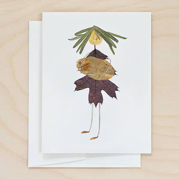 The PETAL PEOPLE PRESS - MOM CARD by PETAL PEOPLE PRESS is a whimsical botanical card featuring a figure made from leaves, petals, and twigs with green leaf hair and twig legs, perfect as a blank greeting card for any occasion.