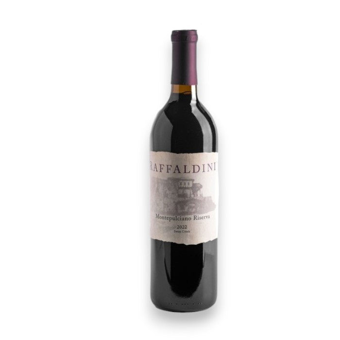 A bottle of RAFFALDINI 'RISERVA' MONTEPULCIANO 2022 by WINE: FREEDOM BEVERAGE, featuring a purple foil top, stands upright on a white background.