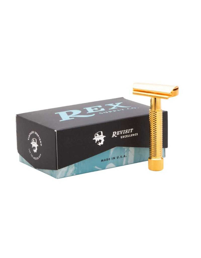 Gold-plated stainless steel safety razor with textured handle and straight razor head, black packaging, made in USA, SKU: REX115