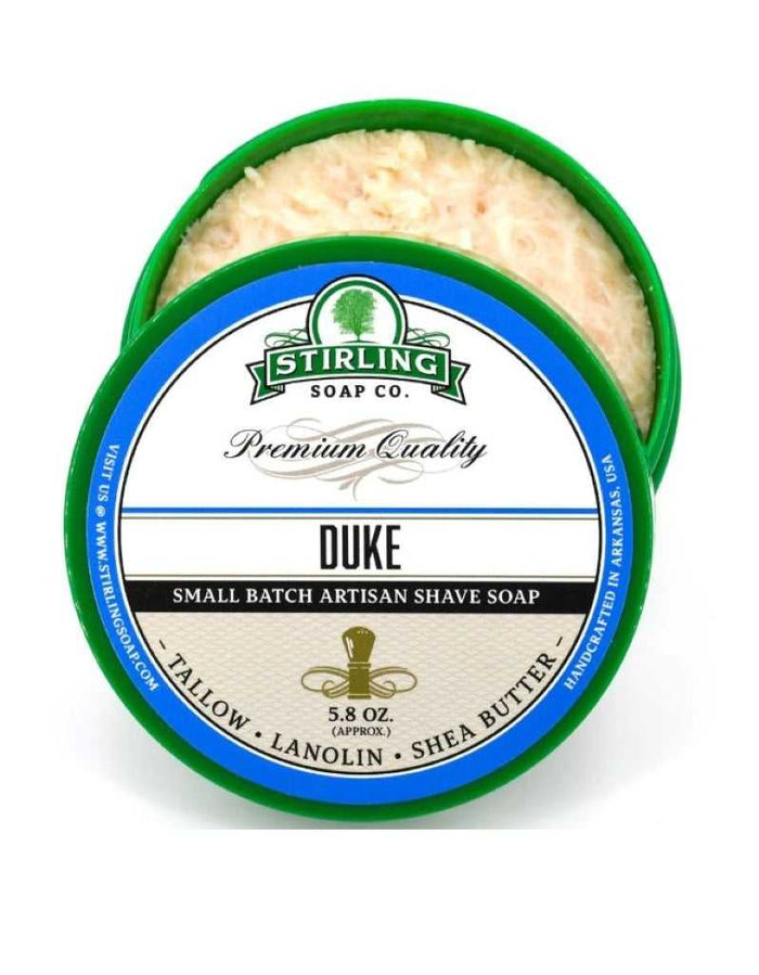 Duke Shaving Soap with masculine scent, small batch artisan tallow-based shave soap in green container