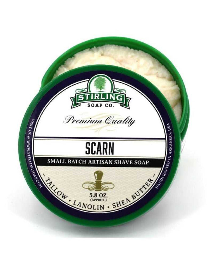 Stirling Soap Co. Scarn Shaving Soap tin with lid open, showing creamy soap inside, in the Personal Care category