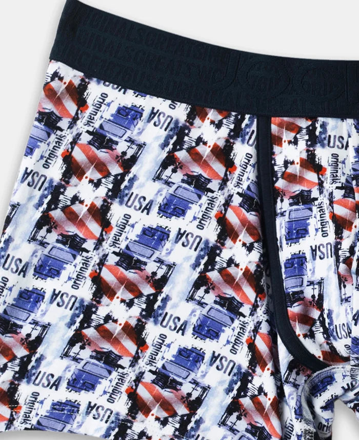 Super Combed Cotton Elastane Stretch Printed Trunk with Ultrasoft Waistband - White & Navy