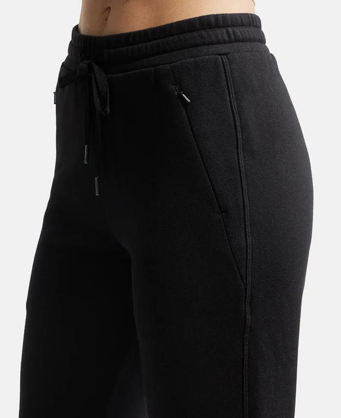 Super Combed Cotton Rich Fleece Fabric Straight Fit Trackpants with Zipper Pockets - Black