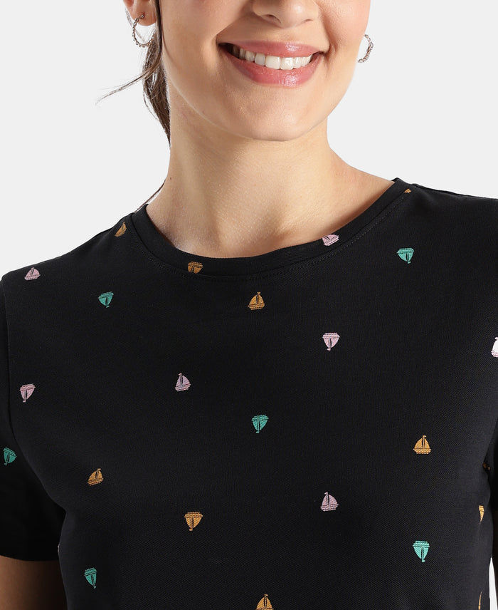 Super Combed Cotton Stretch Regular Fit Printed Half Sleeve T-Shirt - Black