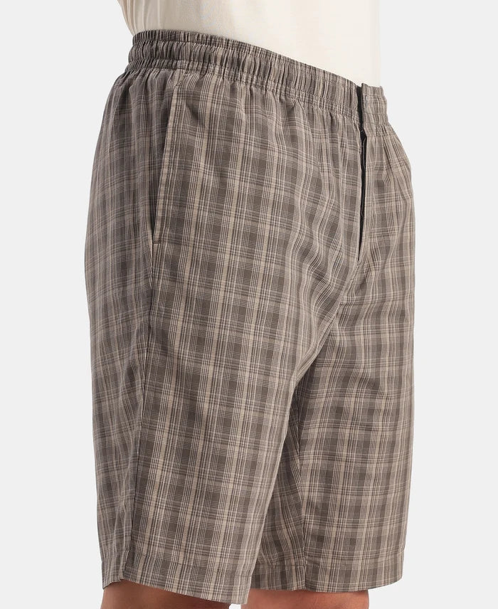 Super Combed Mercerized Cotton Woven Fabric Regular Fit Checkered Bermuda with Side Pockets - New Black Olive