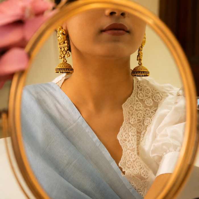 Tattva Peacock Jali Textured Grand Jhumka
