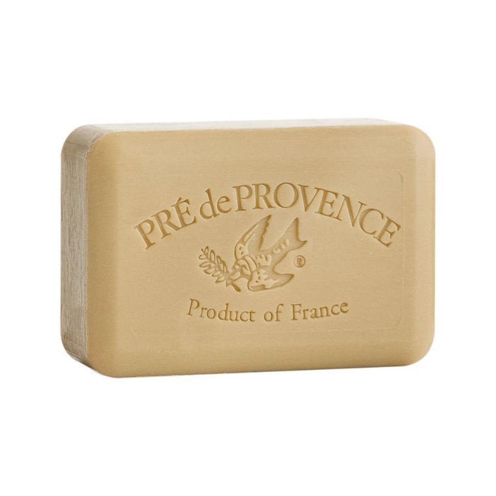 A beige, rectangular VERBENA BAR SOAP 150G by EUROPEAN SOAPS, LLC is embossed with “PRÉ de PROVENCE,” a bird with a branch, and “Product of France.”.