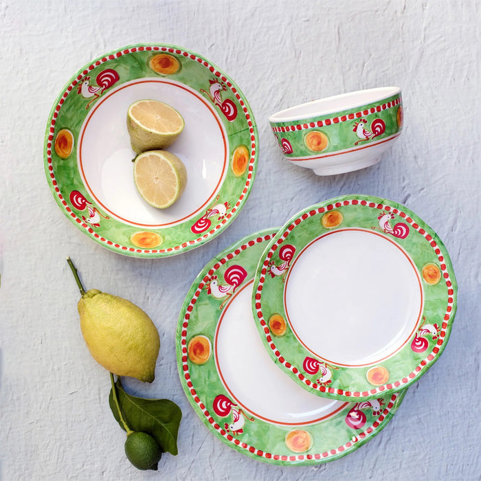 The VIETRI Melamine Campagna Dinner Plate features a round white center, an orange border with blue and white birds, red tulips, and green leaves—ideal for al fresco dining.