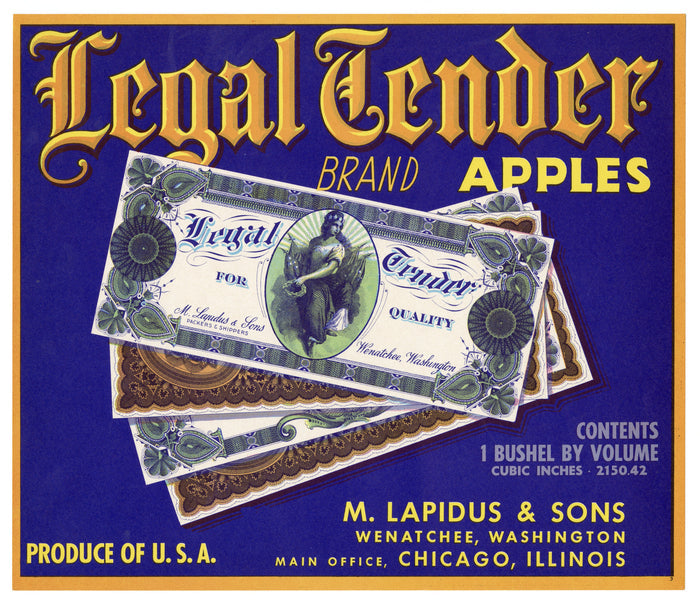 Vintage, Unused LEGAL TENDER Apple Fruit Crate Label || Wenatchee, Washington