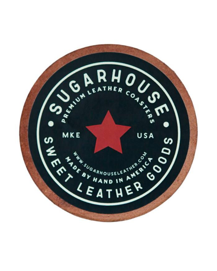 Premium handmade leather coaster back with sugarhouse leather logo