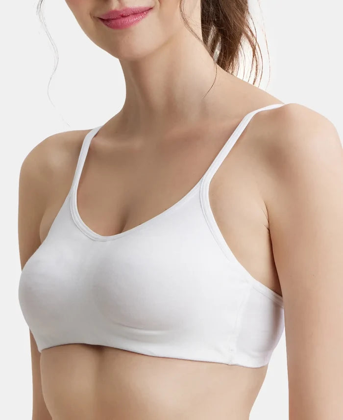 Wirefree Non Padded Super Combed Cotton Elastane Stretch Full Coverage Beginners Bra with Adjustable Straps - White